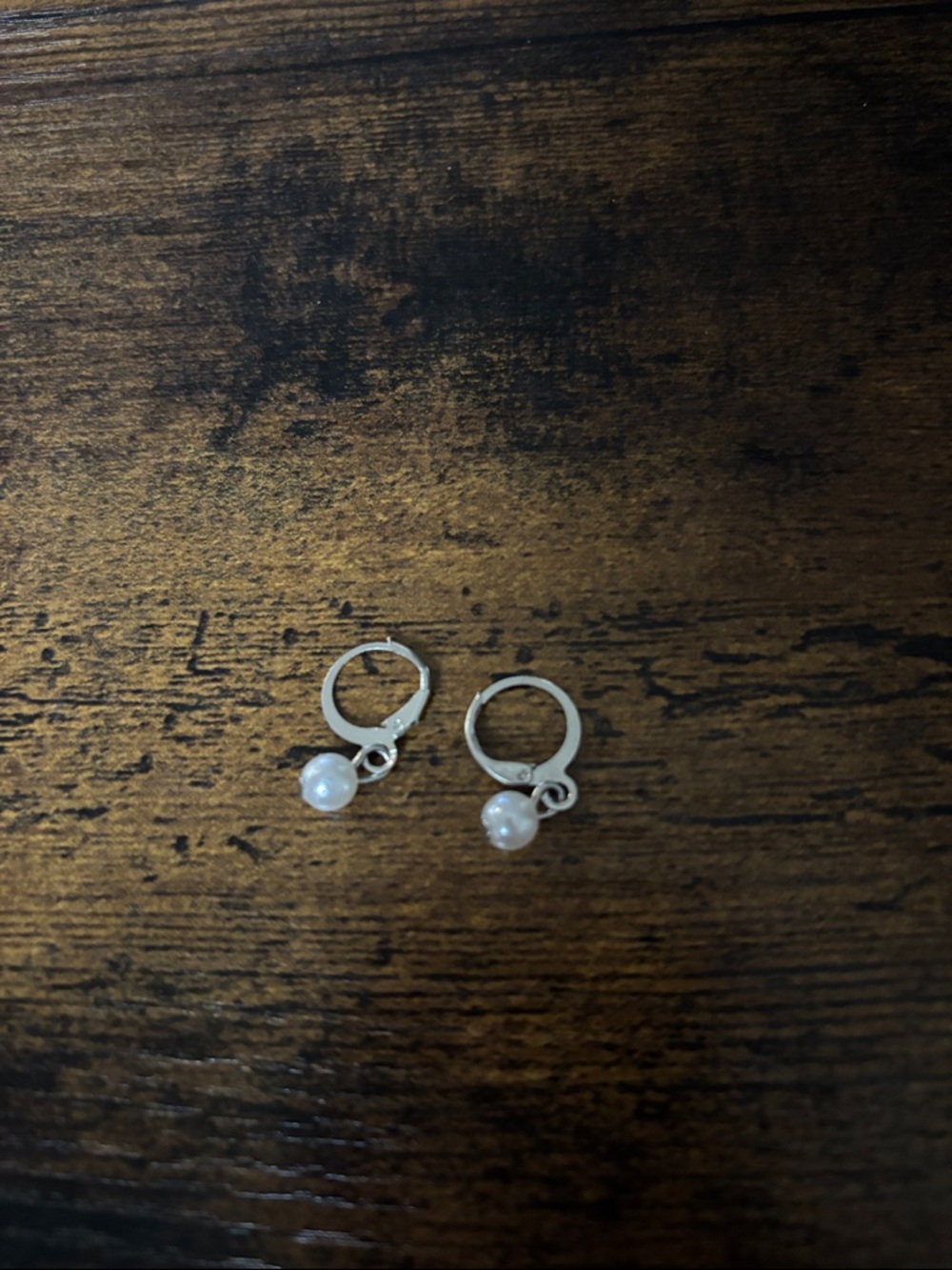 Faux Silver Pearl Drop Hoop Earrings - White